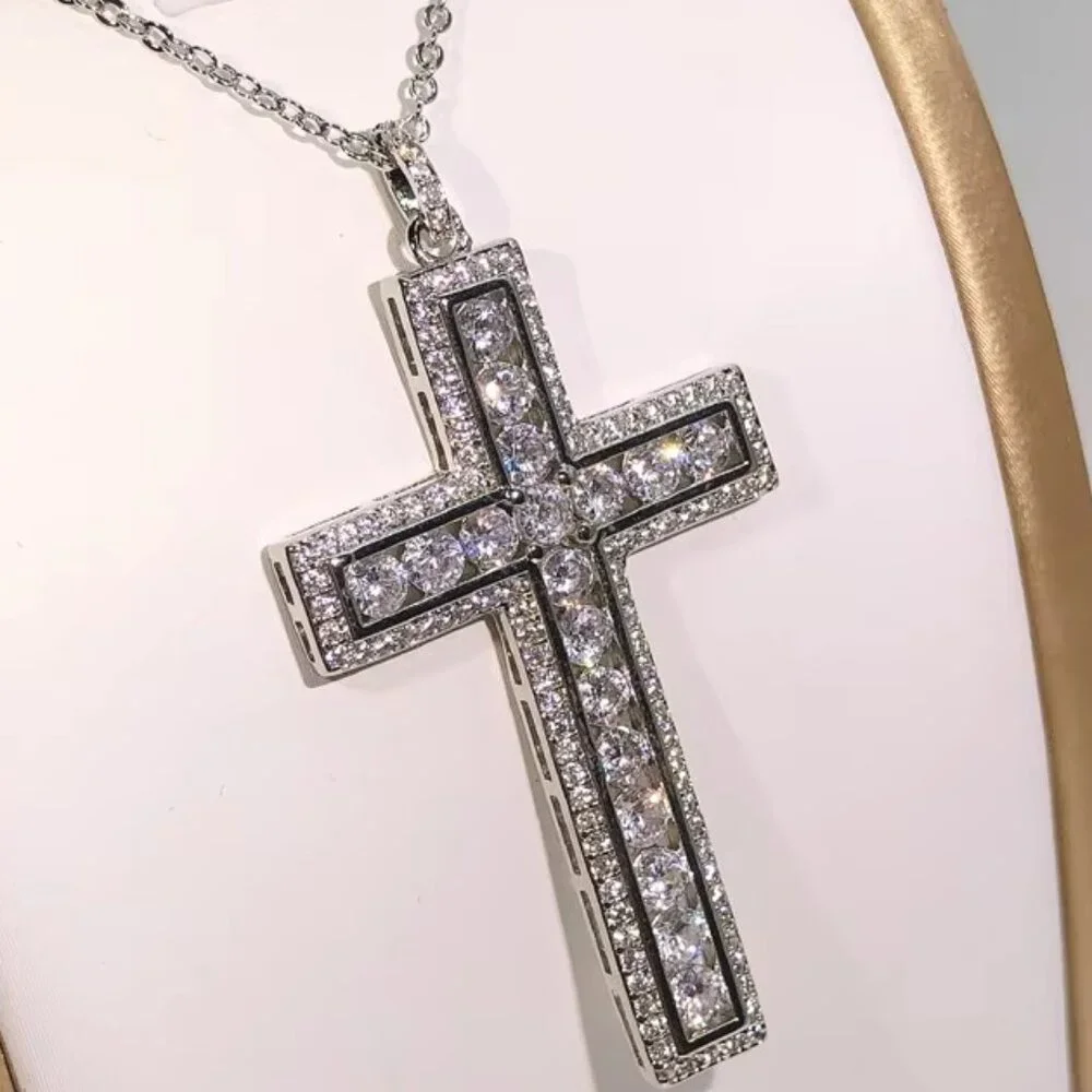 🆕 Large Halo 8.00 Ctw Diamond Cross and 18" Necklace 18k White Gold 🆕 - Picture 4 of 6